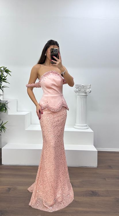 Pudra Kolları  Boncuklu Straplez Abiye Elbise