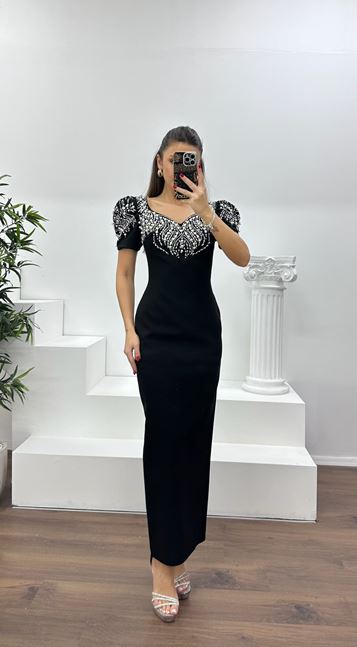 Black Balloon Sleeve Embroidered Neckline Evening Dress