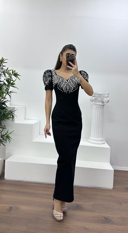 Siyah Balon Kol Yakası İşlemeli Abiye Elbise