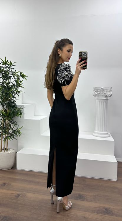 Siyah Balon Kol Yakası İşlemeli Abiye Elbise