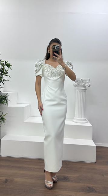 Bone Balloon Sleeve Embroidered Neckline Evening Dress