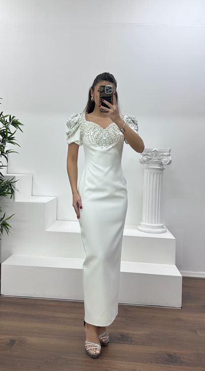 Kemik Balon Kol Yakası İşlemeli Abiye Elbise