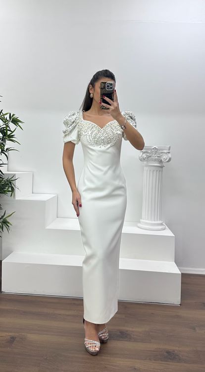 Kemik Balon Kol Yakası İşlemeli Abiye Elbise