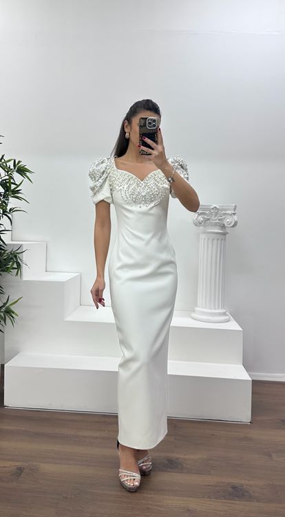 Kemik Balon Kol Yakası İşlemeli Abiye Elbise