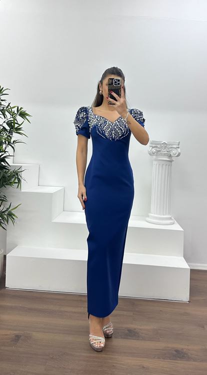 Lacivert Balon Kol Yakası İşlemeli Abiye Elbise