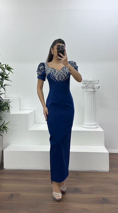 Lacivert Balon Kol Yakası İşlemeli Abiye Elbise