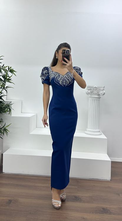 Lacivert Balon Kol Yakası İşlemeli Abiye Elbise