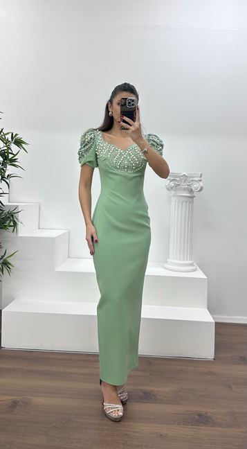 Mint Balloon Sleeve Embroidered Neckline Evening Dress