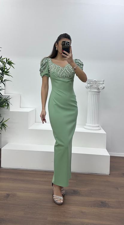 Mint Balon Kol Yakası İşlemeli Abiye Elbise