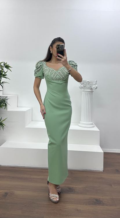 Mint Balon Kol Yakası İşlemeli Abiye Elbise