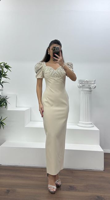 Beige Balloon Sleeve Embroidered Neckline Evening Dress