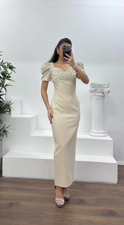 Bej Balon Kol Yakası İşlemeli Abiye Elbise