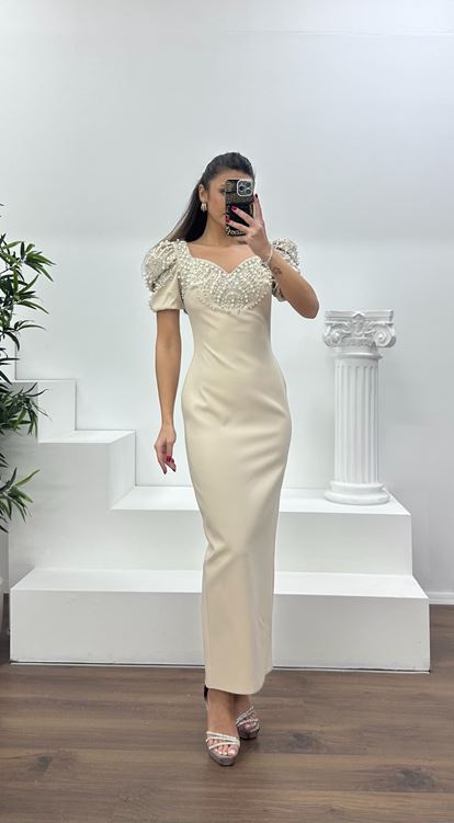 Bej Balon Kol Yakası İşlemeli Abiye Elbise