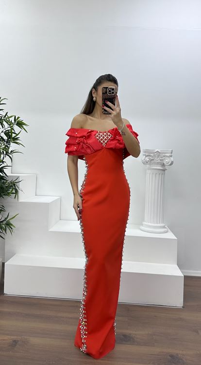 Oranj Kayık Yaka Taşlı Abiye Elbise