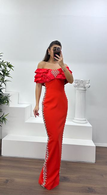 Orange Boat Neck Embellished Evening Dress