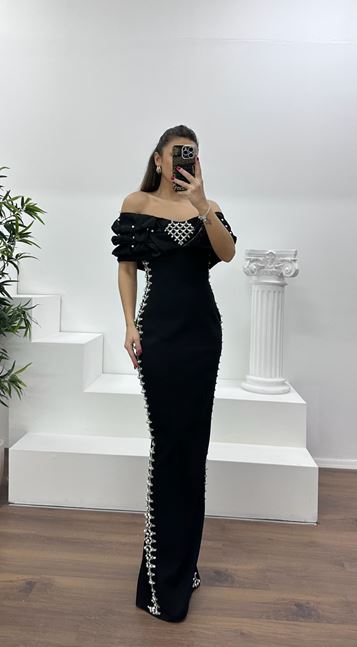 Black Boat Neck Embellished Evening Dress