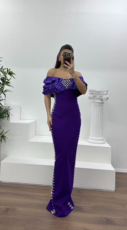 Koyu Mor Kayık Yaka Taşlı Abiye Elbise