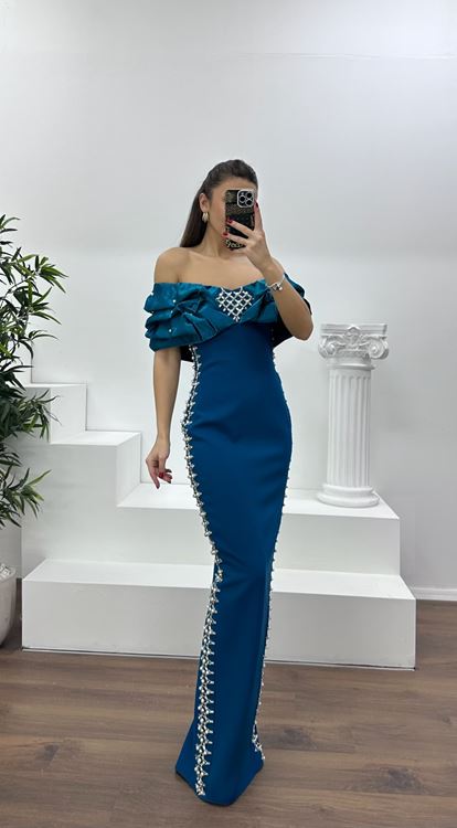 Petrol Kayık Yaka Taşlı Abiye Elbise