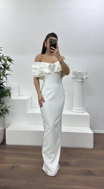 Kemik Kayık Yaka Taşlı Abiye Elbise