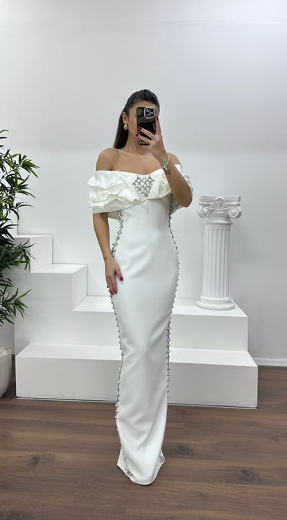 Kemik Kayık Yaka Taşlı Abiye Elbise