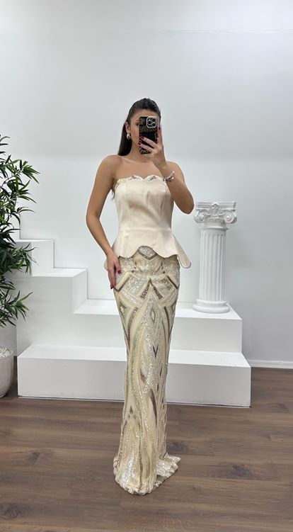 Bej Straplez Boncuk  İşlemeli Abiye Elbise