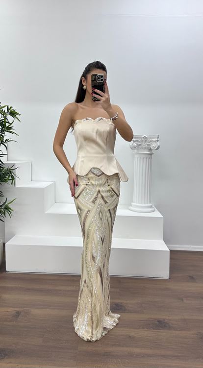 Bej Straplez Boncuk  İşlemeli Abiye Elbise