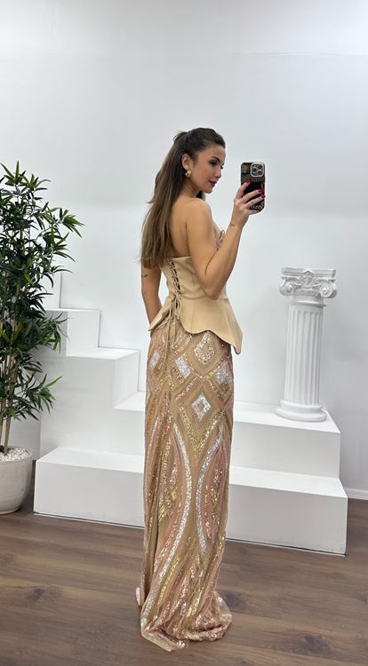 Gold Straplez Boncuk  İşlemeli Abiye Elbise