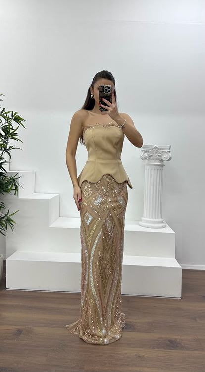 Gold Straplez Boncuk  İşlemeli Abiye Elbise