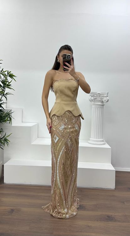 Gold Straplez Boncuk  İşlemeli Abiye Elbise