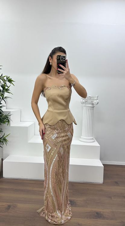 Gold Straplez Boncuk  İşlemeli Abiye Elbise