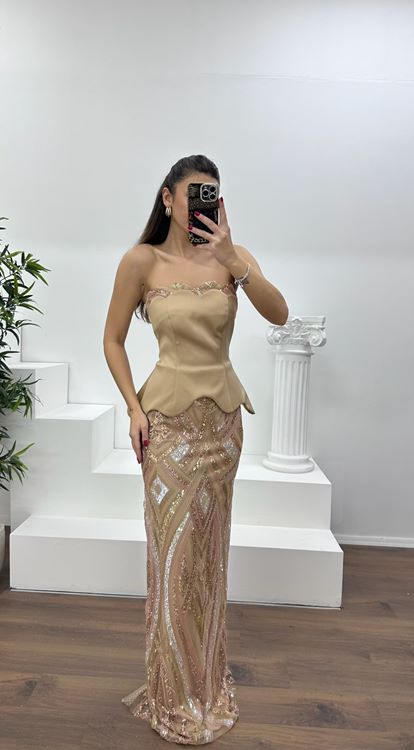 Gold Straplez Boncuk  İşlemeli Abiye Elbise