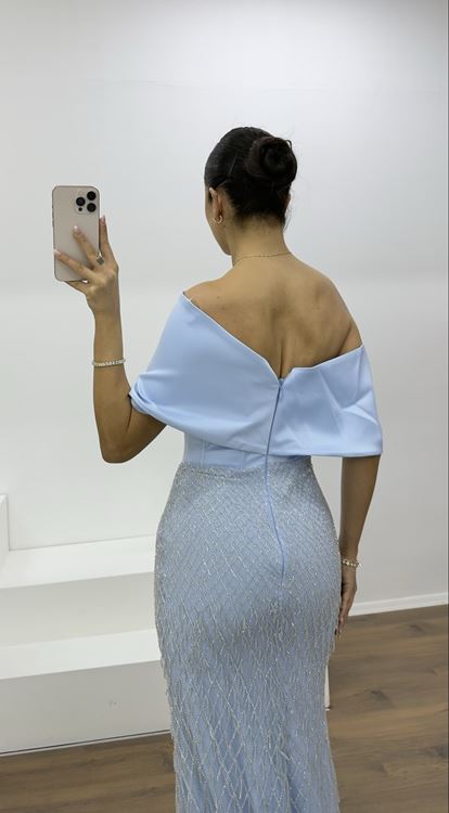 Bebe Mavi Geniş Drapeli Eteği İnce Boncuklu Abiye Elbise