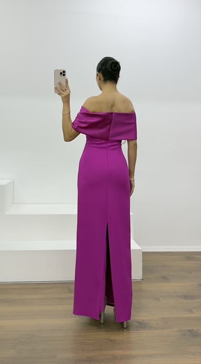 Fuşya Kayık Yaka Taşlı Uzun Abiye Elbise