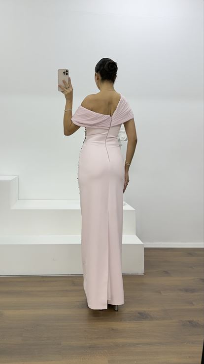 Pudra Straplez Boncuk İşlemeli Abiye Elbise