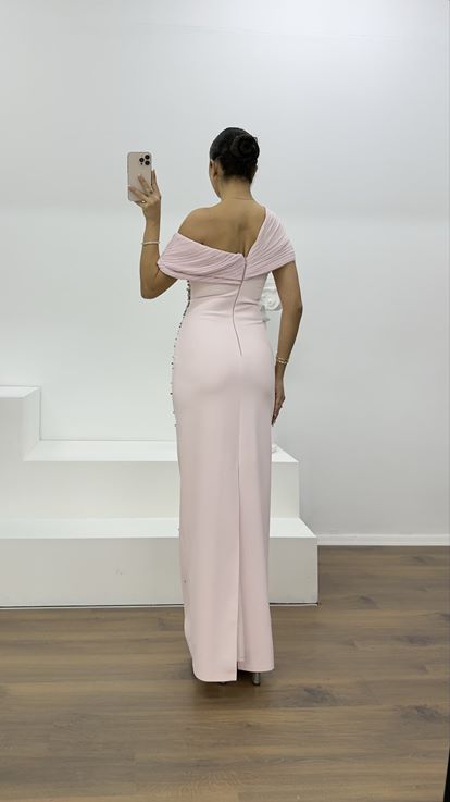 Pudra Straplez Boncuk İşlemeli Abiye Elbise