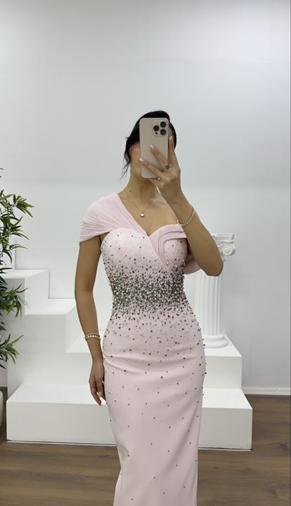 Pudra Straplez Boncuk İşlemeli Abiye Elbise