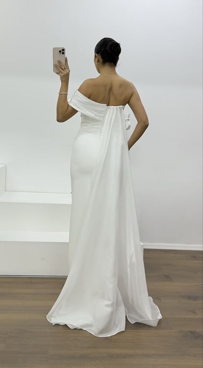 Kemik Straplez Boncuk İşlemeli Abiye Elbise