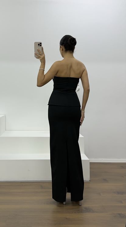 Siyah Asimetrik Kesim Straplez Kalem Abiye Elbise