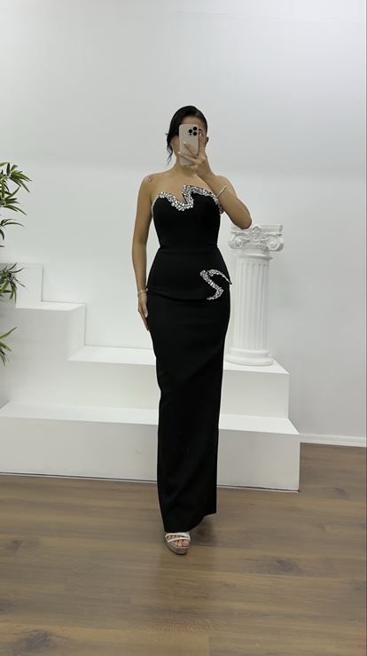 Siyah Asimetrik Kesim Straplez Kalem Abiye Elbise