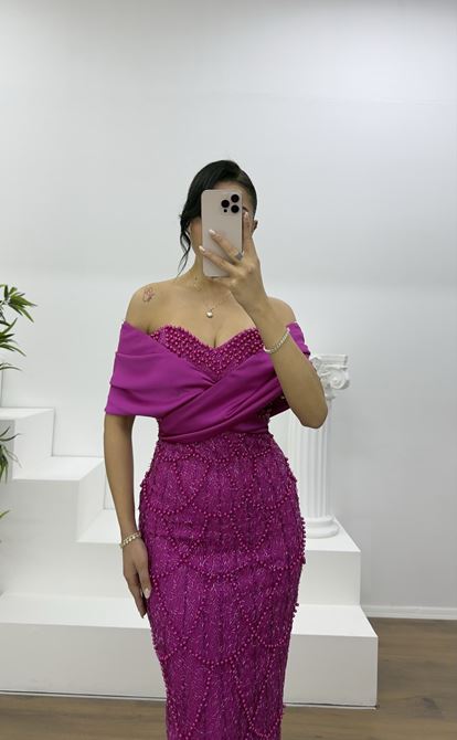 Fuşya Örgü Desenli Boncuk İşlemeli Abiye Elbise