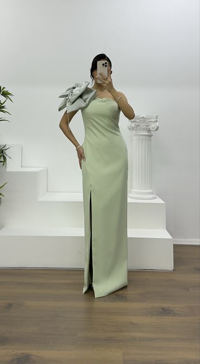 Mint Tek Omuz Fiyonk Detaylı Straplez Kalem Abiye Elbise