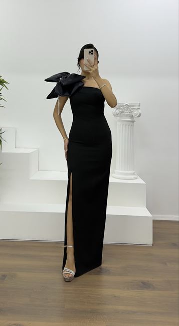 Black One Shoulder Strapless Pencil Dress with Bow Detail