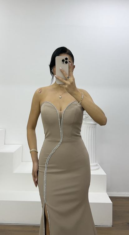 Taş Işıltılı Taş İşleme Şeritli Abiye Elbise