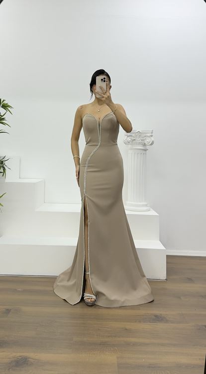 Taş Işıltılı Taş İşleme Şeritli Abiye Elbise