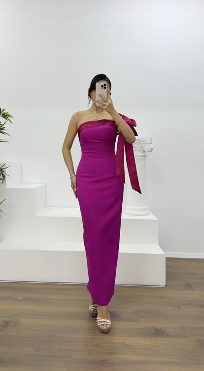 Fuşya Omzu Fiyonk Detaylı Kalem Abiye Elbise