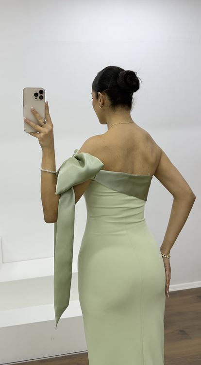 Mint Omzu Fiyonk Detaylı Kalem Abiye Elbise