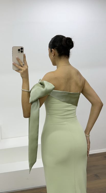 Mint Omzu Fiyonk Detaylı Kalem Abiye Elbise