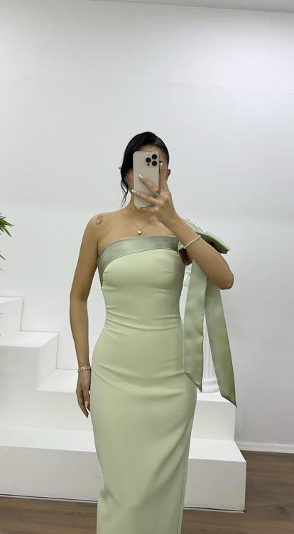 Mint Omzu Fiyonk Detaylı Kalem Abiye Elbise