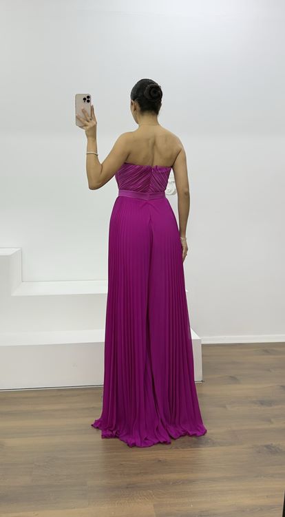 Fuşya Göğsü Taş Detaylı Pliseli Tulum Abiye Tulum