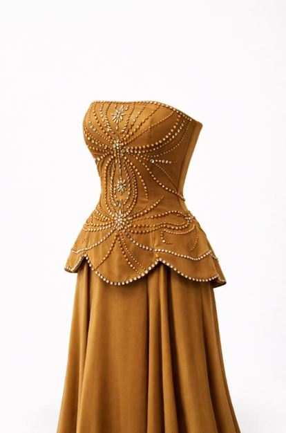 Robe de soirée bustier en satin brodé couleur café